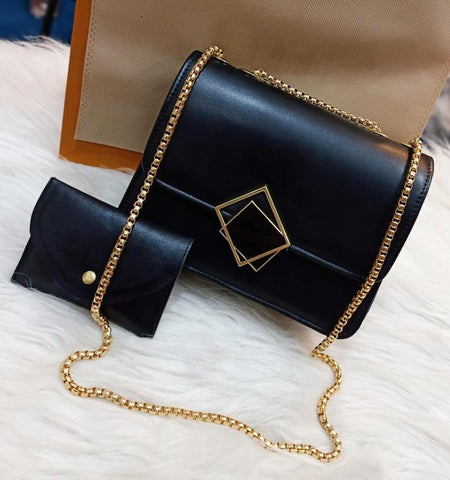 Leather Hand Bag With Long Golden Chain For Girls