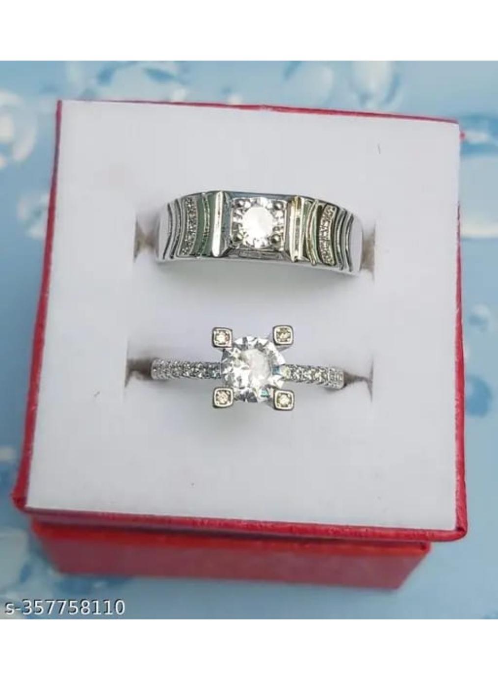 Charming Silver Plated Zircon Couple's Ring - 2 pcs