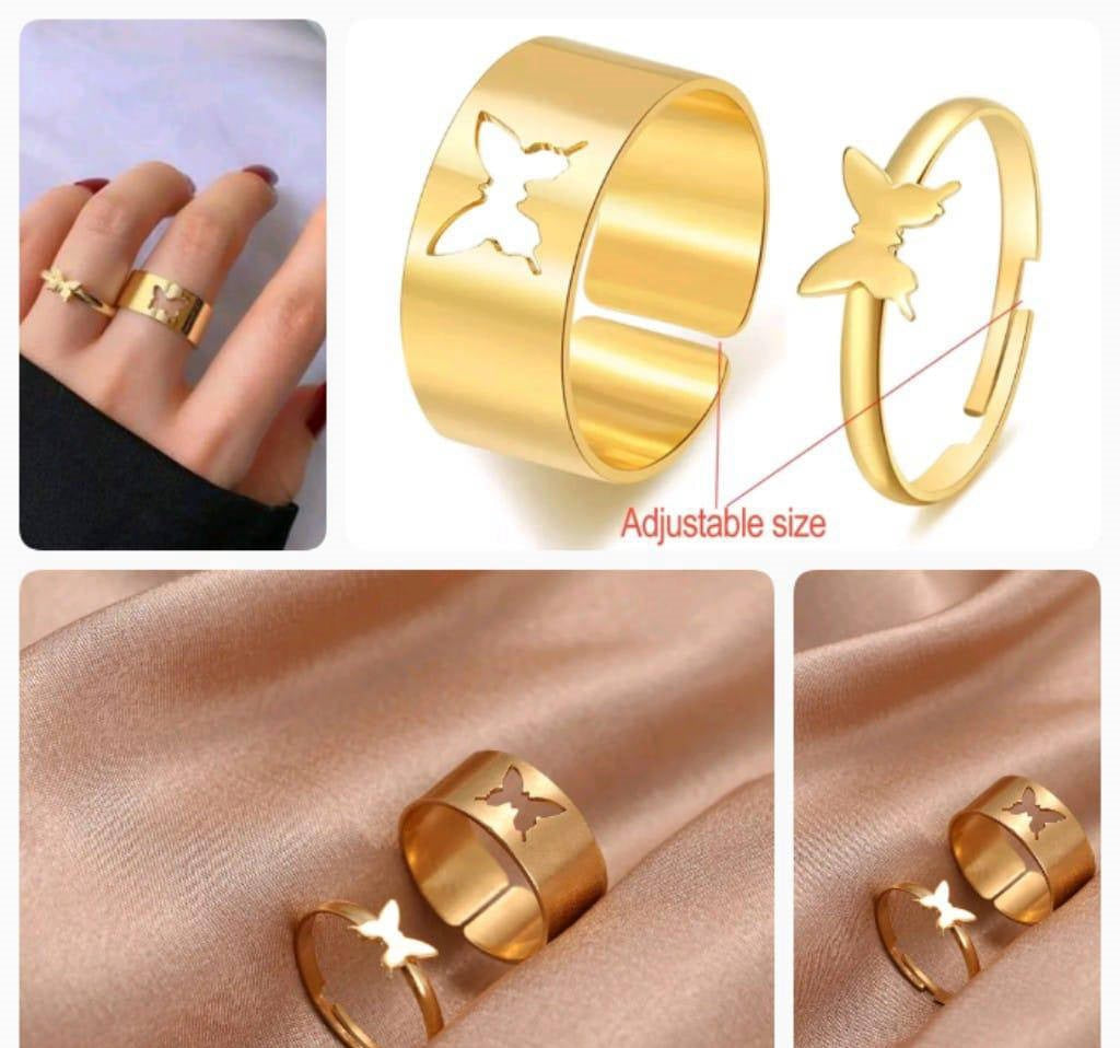 Pair Of Alloy Gold Plated Trendy Butterfly Design Ring Set