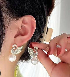 Diamond Swan Pearl Earrings Fashion, Small And Versatile Stud Earrings For Girls