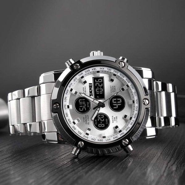Men’s Digital Analog Watch Waterproof Digital Chronograph Led Multi-time Business Watch Stainless Steel (without Box)