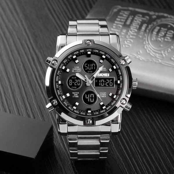 Men’s Digital Analog Watch Waterproof Digital Chronograph Led Multi-time Business Watch Stainless Steel (without Box)